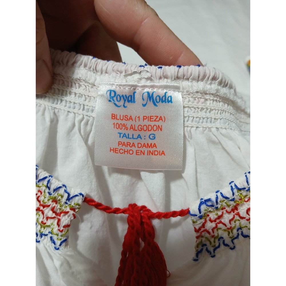 Royal Moda Womens White Floral Cross Stitch Embroidered Cotton Peasant Blouse L - Picture 6 of 8
